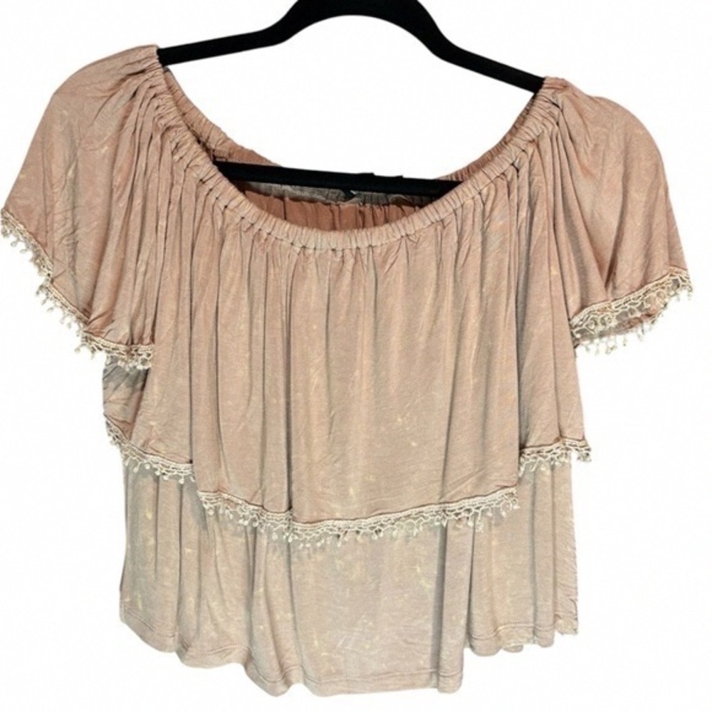 POL Blush Off-Shoulder Ruffle Top with Lace Trim